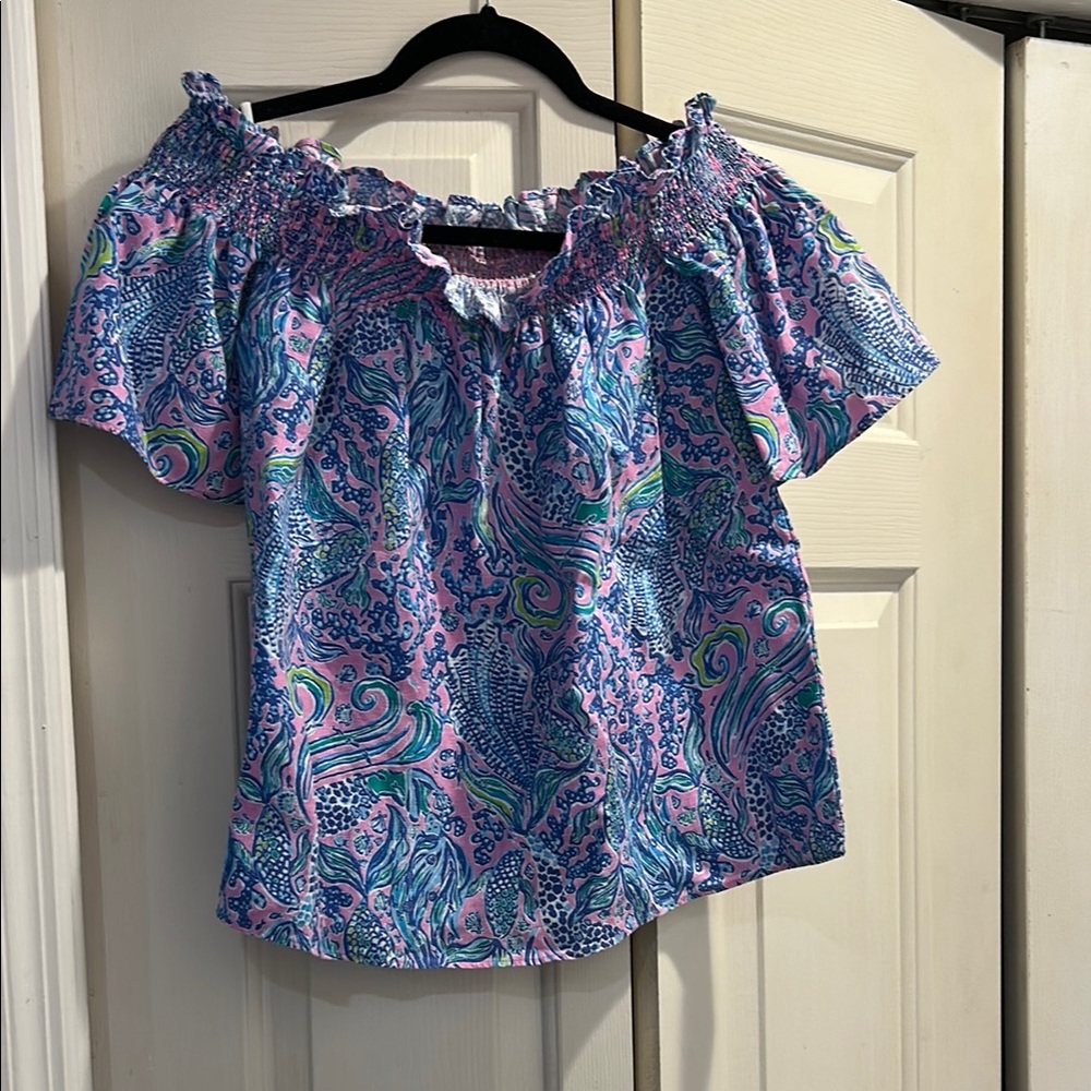 Lilly Pulitzer Blue and Purple Puff Sleeve Blouse
